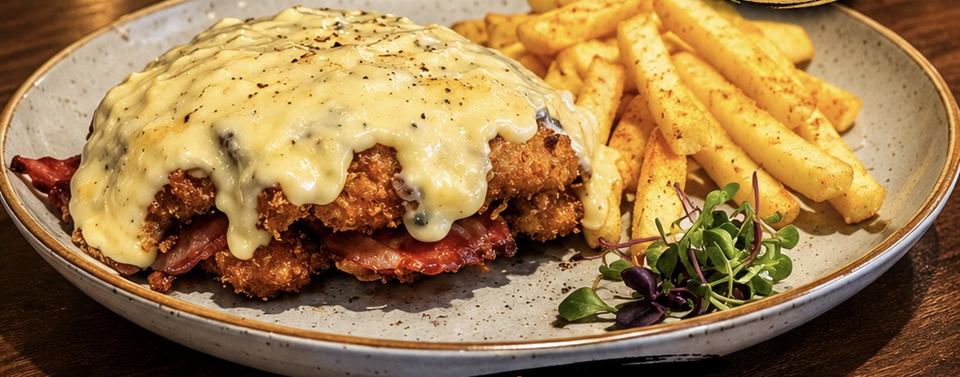 Chicken schnitzel stack with bacon under melted cheese sauce, served with chips and micro-greens
